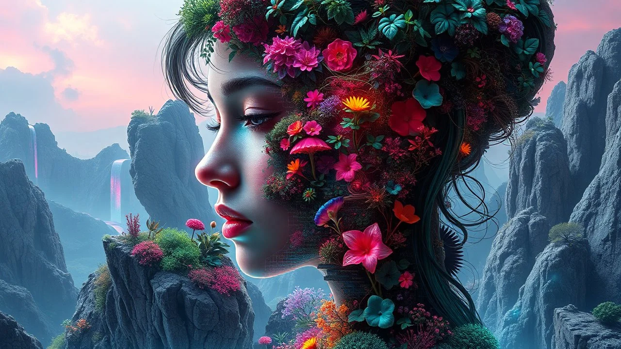A futuristic, neon, synthwave inspired mental landscape shaped like a woman, with multiple layers and dimensions, reminiscent of a double exposure effect, inspired by the surreal style of Igor Morskoy and the eco-futuristic architecture of Vincent Callebaut, incorporating the mathematical harmony of the Fibonacci sequence, with lush, vibrant and eerie flora seamlessly merging with the contours of the woman, as if her thoughts and emotions have taken on a life of their own, with flickering, pulsa