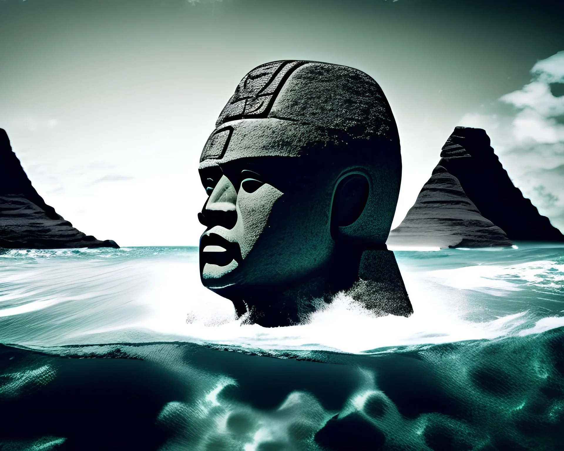  men of renown giant god unknown olmec heads 100 story stone statue towering over martian isthmus in lagoon ocean surf photo real scifi fantasy feature film sharp focus