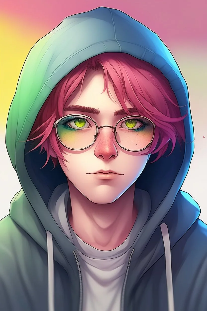 Anime man with glasses, messy rainbow hair, wearing a hooded sweatshirt, realistic