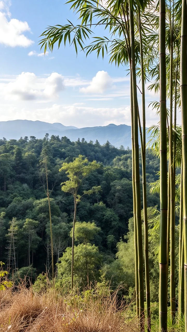 realistic photo of a tall bamboo trees in a landscape
