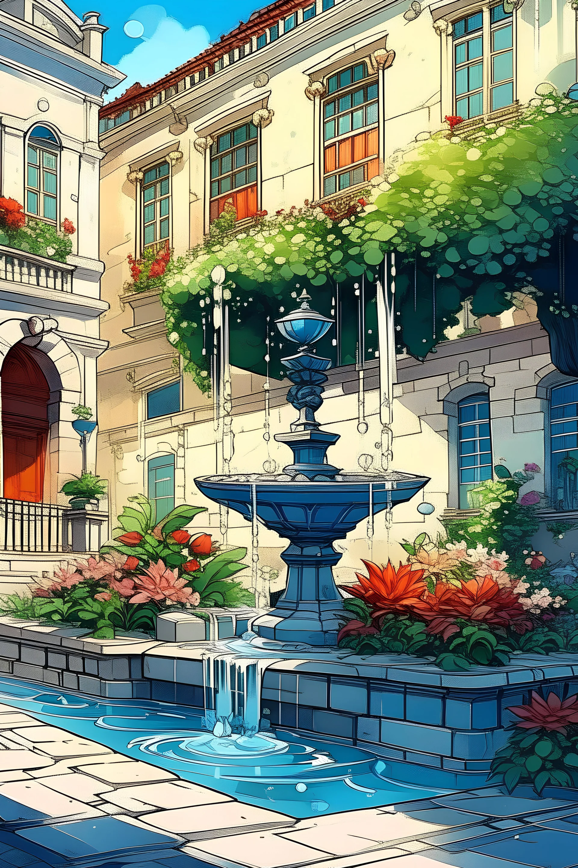 Street , plants , fountain , colours , beautiful, drawing