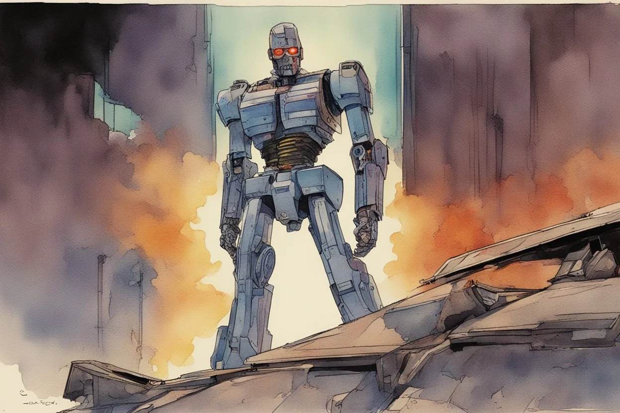 retro anime style, full color, dark serious 1980s anime terminator like robot, moebius artist, magic, watercolor,
