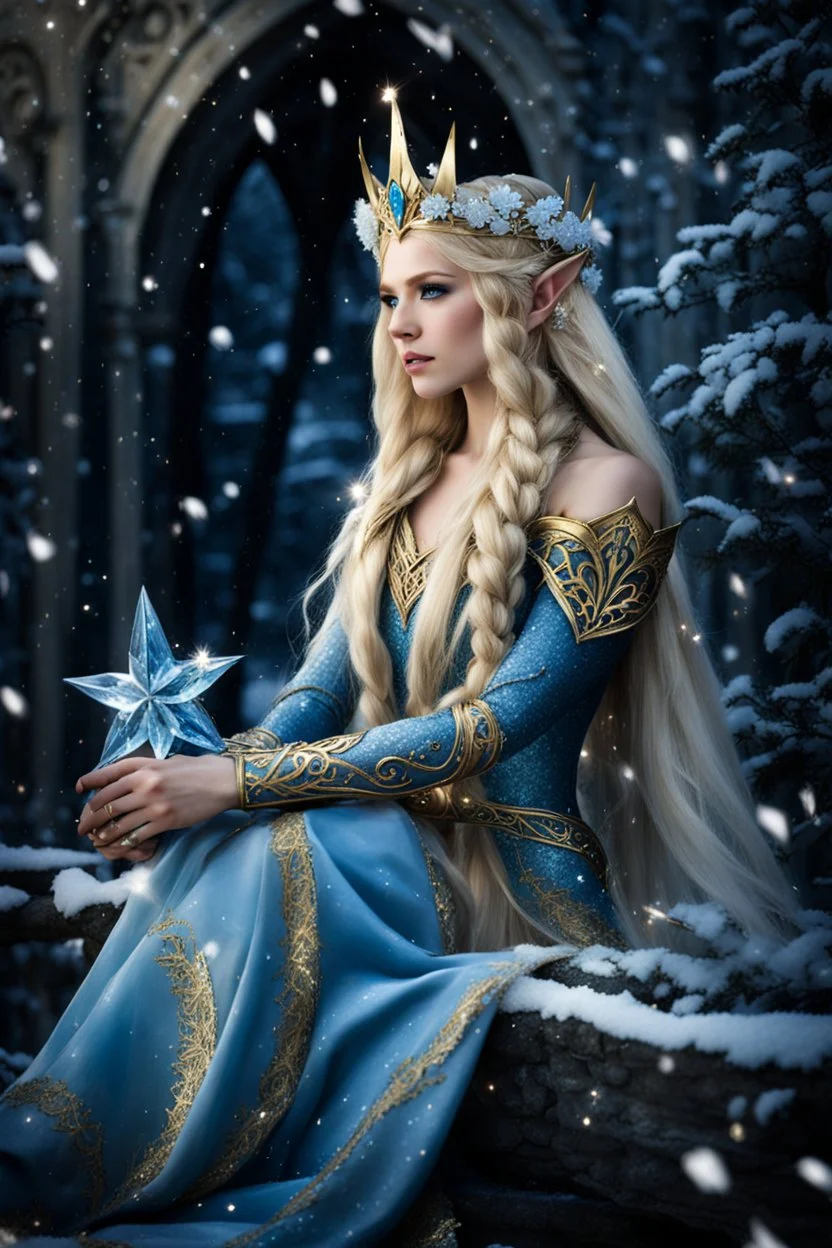 Elven princess,elven crown,long blonde golden hair,rapunzel hair,ice flowers,beautiful,light blue,dark blue,golden armor,sparkle,glitter,ice flowers,snow,elven ears,dark fairy princess