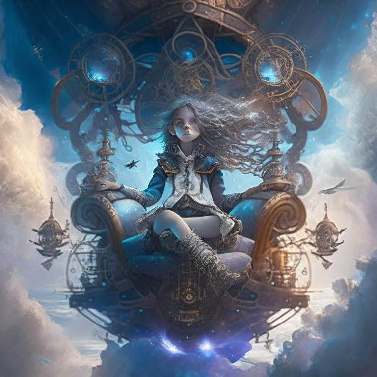 1girl, ((Cinematic)) ((photorealistic portrait)) of a skilled spellcaster sitting on a throne-like seat, surrounded by pulsating arcane symbols and intricate controls, ((on the deck)) of a majestic ((((flying)))) ((Spelljammer)) ((sailing ship floating on misty clouds in the sky)), navigating through a dreamlike realm of levitating islands and otherworldly landscapes. Positioned on the ship's deck, radiant colors, magical energy flowing from the spellcaster's hands, fueling the ship's flight.