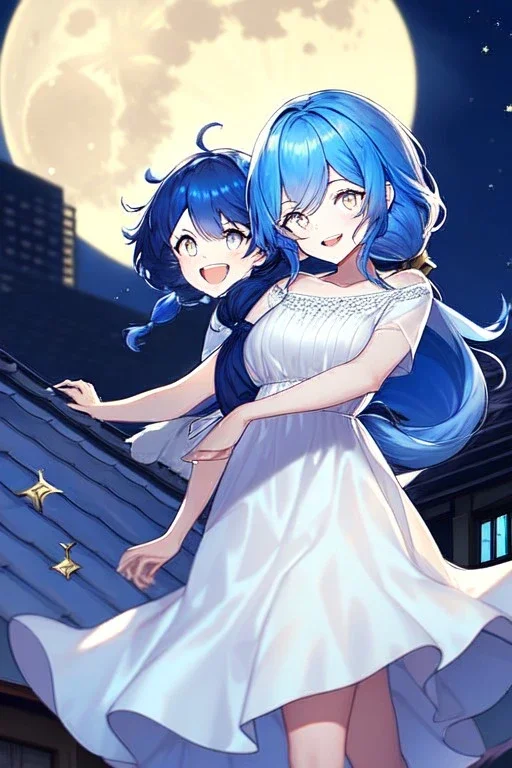 girl, masterpiece, best quality, cinematic lighting, detailed outfit, vibrant colors, perfect eyes, blue hair, long hair, white eyes, low tied hair, messy hair, white dress, night sky, rooftop, town, sparkle, laughing, moon,