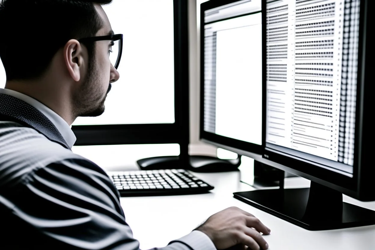 Someone sitting in front of a computer checking information and sources.