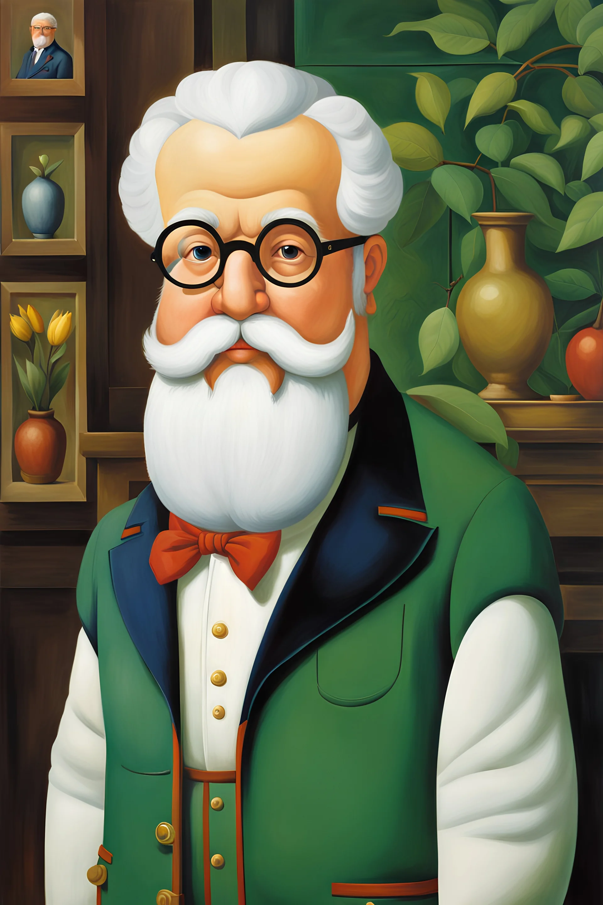 Pintura del pintor Fernando Botero de pie, con gafas redondas y barba blanca pequeña, bigote pequeño, cuerpo completo, arte de tinta, calidad ultra, 8k, cuerpo completo, barba pequeña