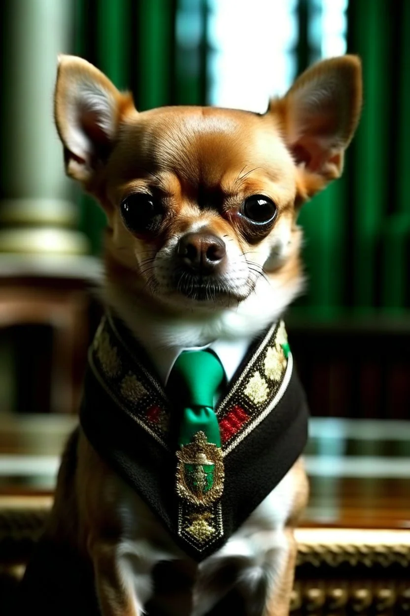 picture of a very strong chiwawa dog being the president of Mexico