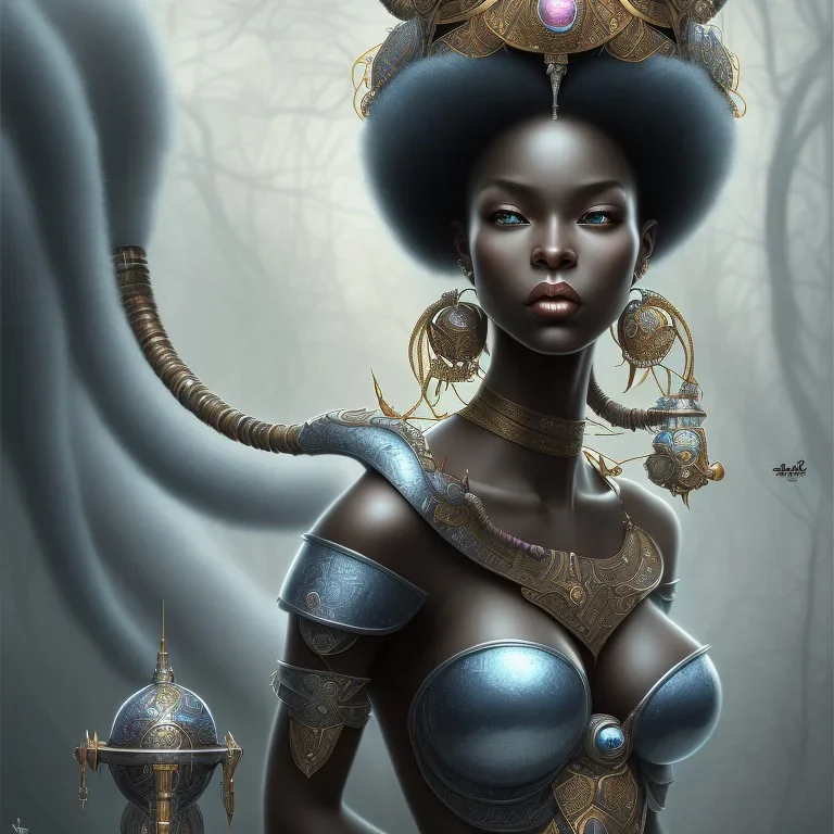 sango fantasy, fantasy magic, intricate, sharp focus, illustration, highly detailed, digital painting, concept art, matte, masterpiece head sexy view black African beauty black afro hair space lady silver bearskin African princess windstorm