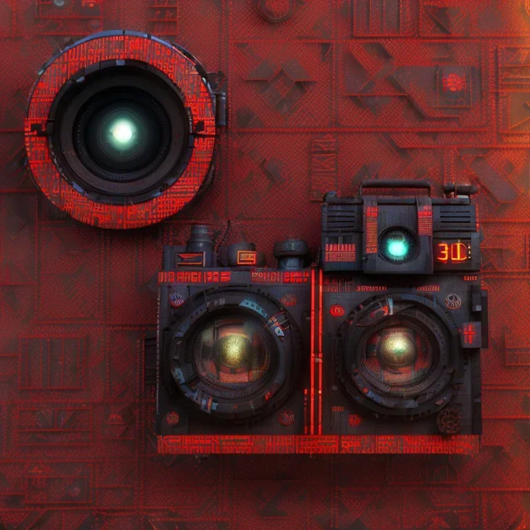 futuristic pinhole camera in Kente, rusted clocks lens, cinematic, scaffolding, african pattern symbols, engraved, cinema 4d, 3d render, corona renderer, 8k quality