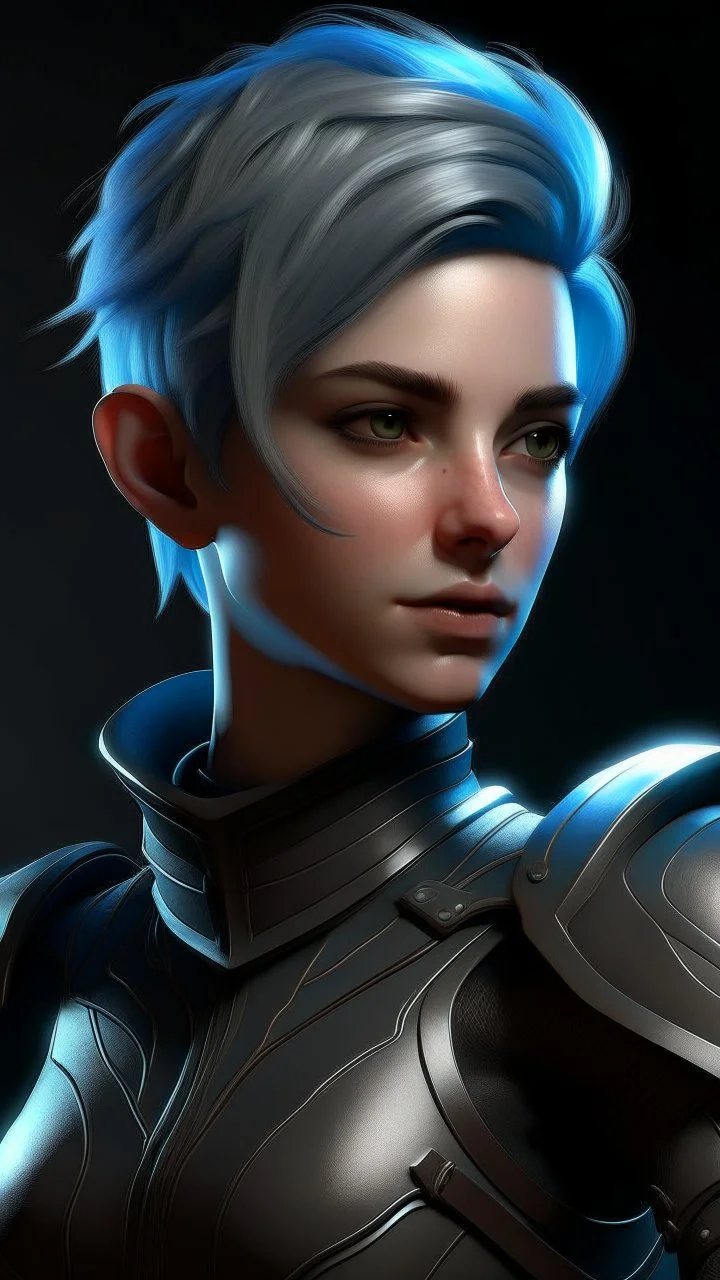 create a female air genasi from dungeons and dragons, dark gray short hair, light blue eyes, wind like hair, wearing hot leather clothing, realistic, from waist up, digital art, high resolution, strong lighting