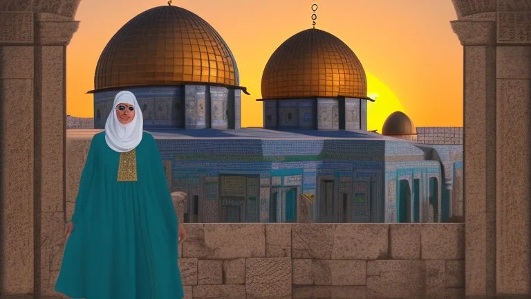 A Palestinian woman wearing an embroidered dress with the Dome of the Rock in front of her during sunset in winter.