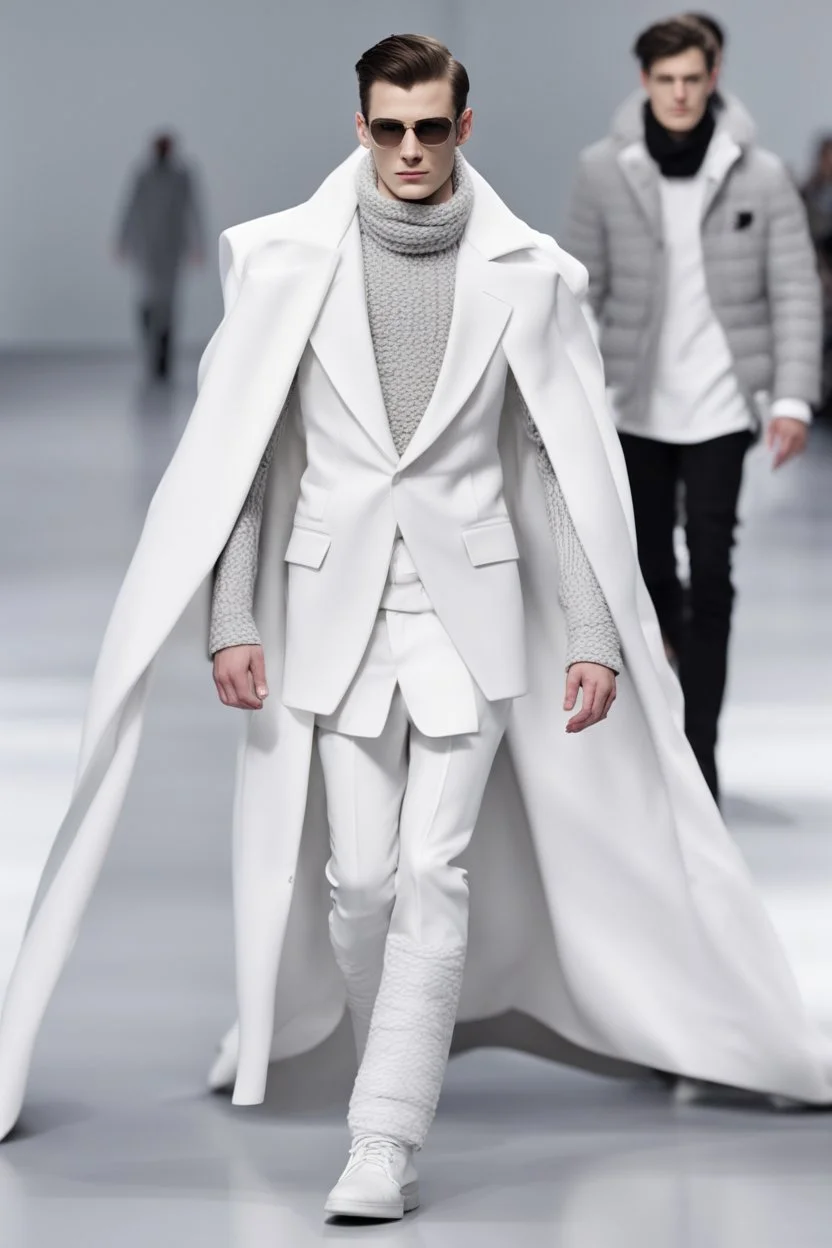 a guy on winter fashion runway with modern clothes inspired by Superman's emblem style, embroidery elegant fashion white tones