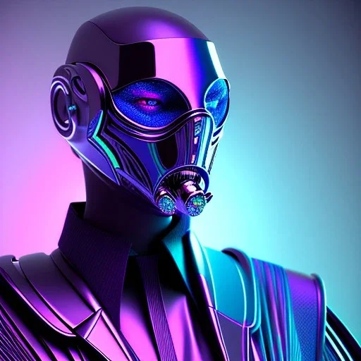 futuristic purple masked villain in galaxy, teal and purple smoke, detailed, realistic, 4k