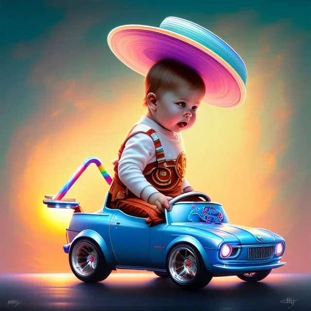 A one-year-old boy rides in the plastic funny toy-car on the middle of a busy street in new york. He has and a large-brimmed straw hat. somehow photographic bright colors and sunset, fantasy art, Anna Dittmann, digital painting, dan mumford, oil on canvas, jeff koons, akihito yoshida, wlop, kodachrome,