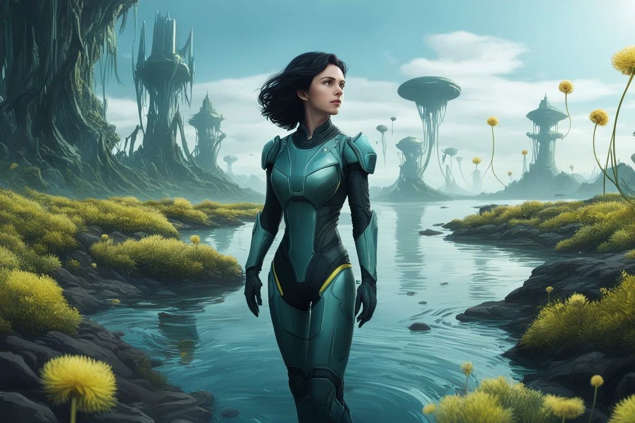 young woman in an android suit with dark hair, standing on the shore of an alien sea. Floating forests with dandelion tops in the distance