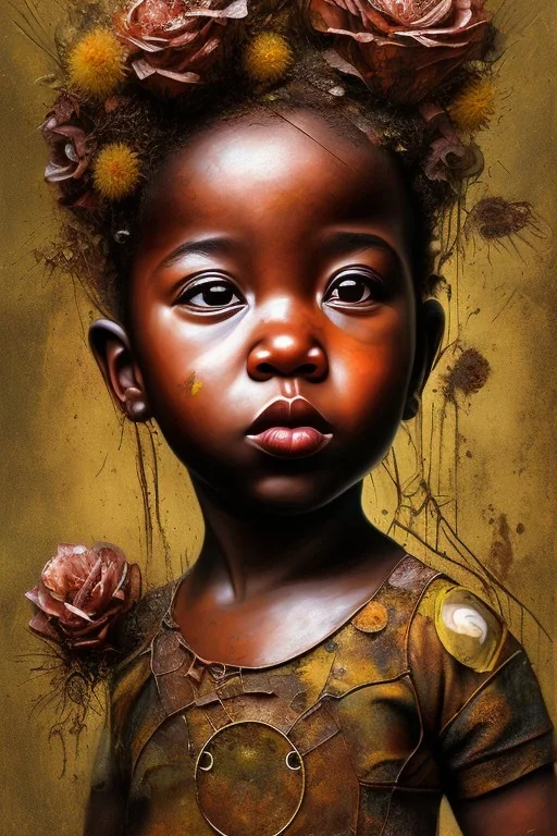 an abstract painting of rusted metal and flowers, african baby portrait, rust, scaffolding, iron cladding, decay, mixed media, textured, anatomically correct, beautiful perfect face, sharp focus, highly detailed