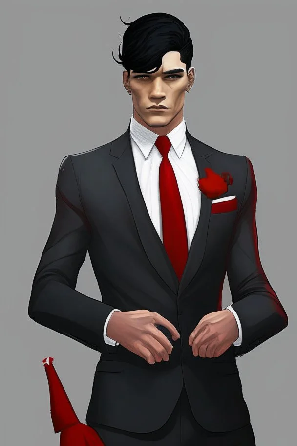 Realistic, red eyes, light skin, short black hair, red earring, suit and tie clothing, gloves on hand