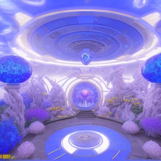 landscape of aztecan blue temple ambient beutiful villa white gold and neon lights bright and blue bright gloss effect of a futuristic house,like spaceship, natural round shapes concept, large transparent view of the open outdoor garden,sea beach,blue sky , gold crystals,with light blue, flowers of Lotus, beutiful pools, light of sun , palmiers,cerisiers en fleurs, wisteria, sun , stars, small waterfalls