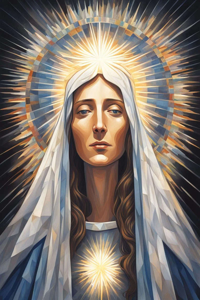 A stylized portrait drawing of colored tiles of Mary the mother of Jesus with long hair, wearing a white veil and surrounded by a geometric halo of rays of light against a dark background