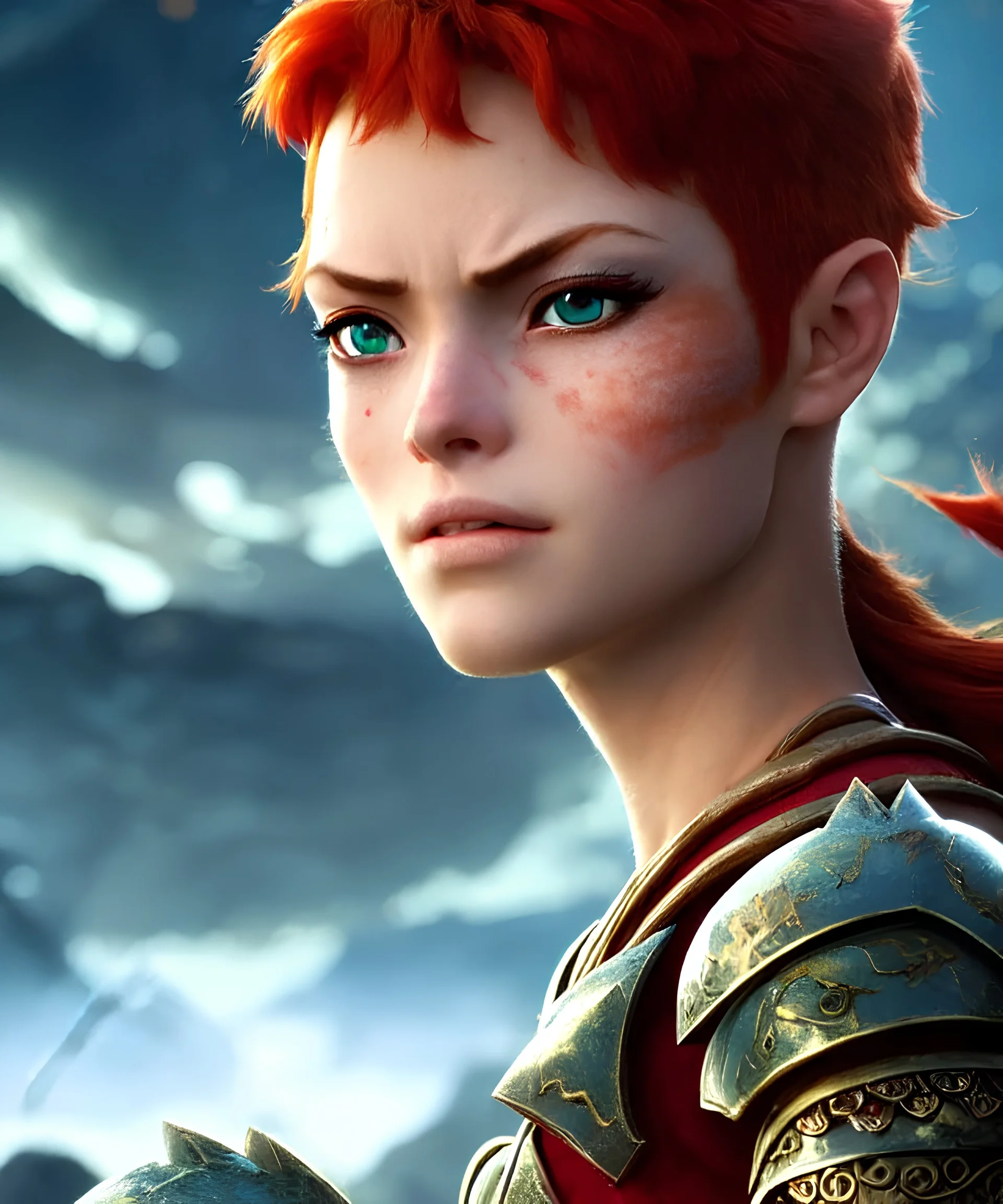 portrait, beautiful stunning warrior lady and goddess, babycore red short hair, ice eyes, fantasy atmosphere, styled by Corrado Vanelli, Norman Rockwell, Boris Vallejo super detailed, Studio Ghibli, Anime Key Visual, by Makoto Shinkai, Deep Color, Intricate, 8k resolution concept art, Natural Lighting, Beautiful Composition