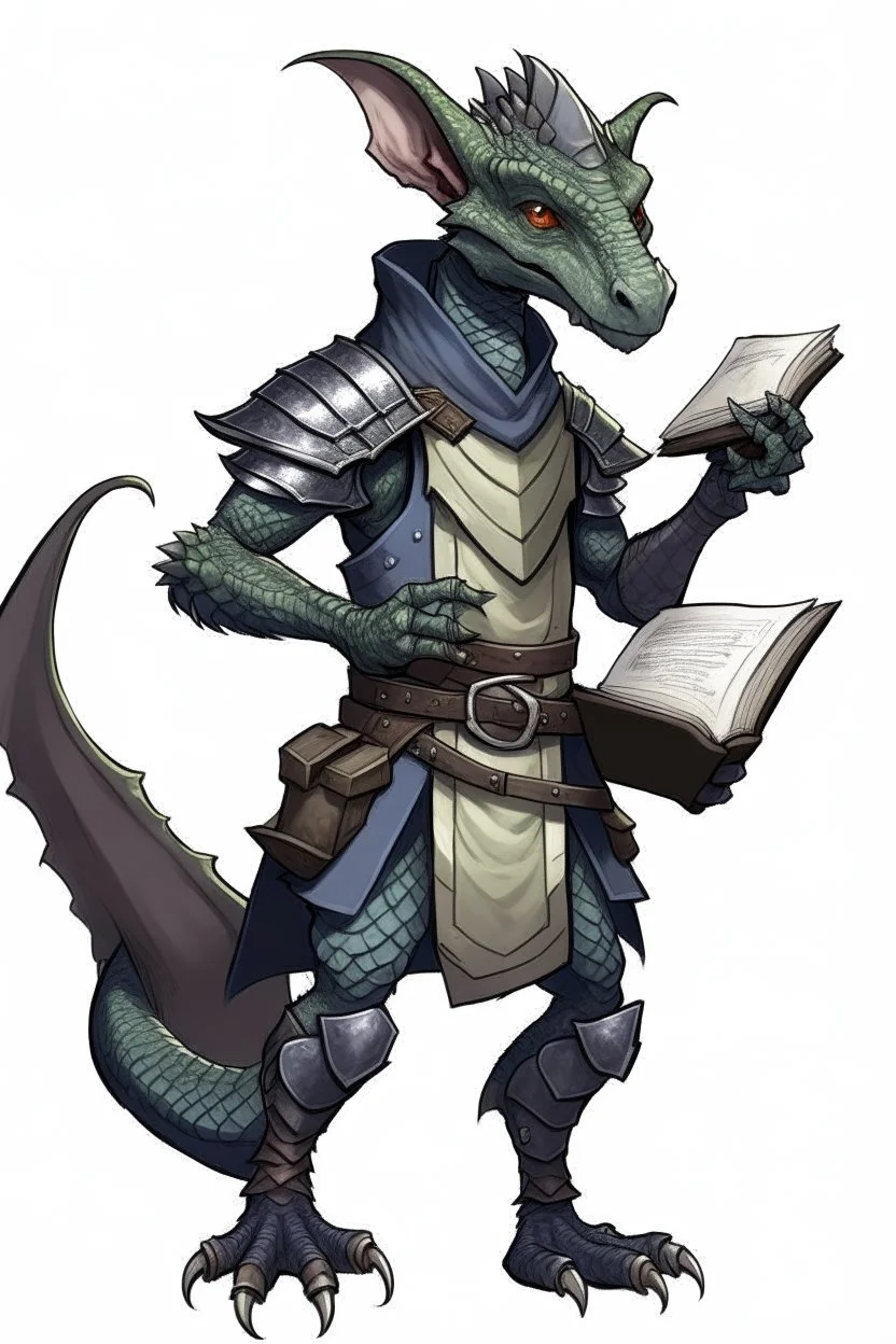 Kobold from dnd, grey diamond - shaped scales, magic book, leather armor