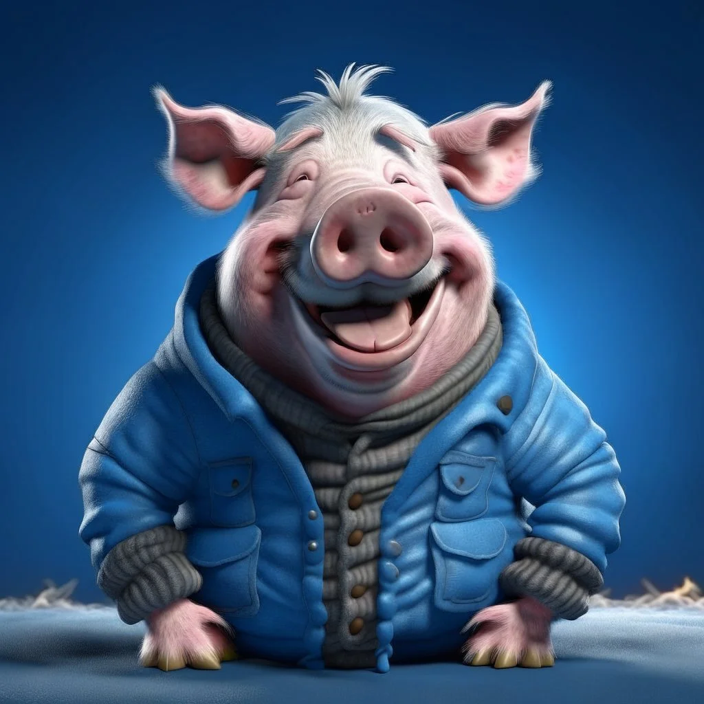 A north pole pig wearing a jean jacket with smile face, sleep pose, artic background, realistic render