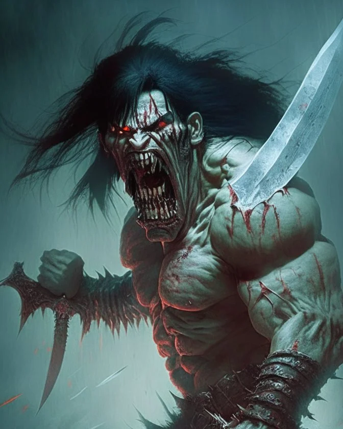 screaming scary zombie human berserker meaty black hair big greatsword