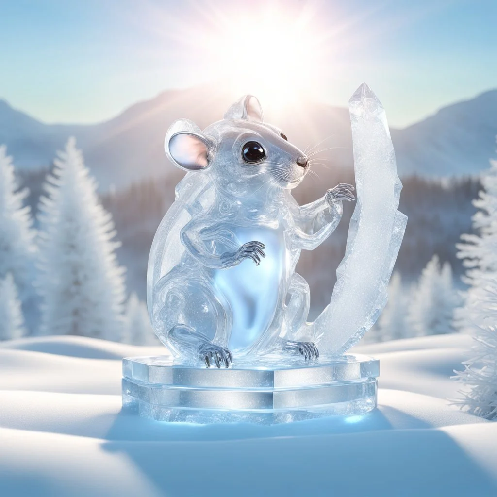 ICE sculpture representing a finely chiseled alien hamster rearing up on hind legs, hyperdetailed dynamic lighting intricately detailed morning sunlight shiny bright sparkling sparkling beautiful winter landscape background, ice sculpture, expansive, grand, impossible magnificence, 3d octane render, opulent detail, rule of thirds