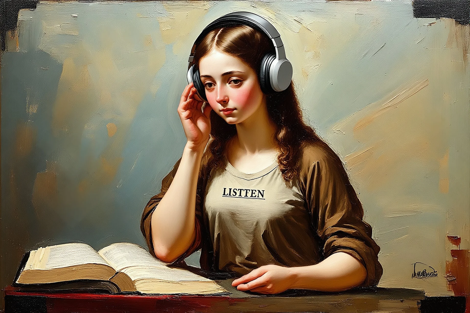 Painting by léonard de vinci, a Young woman listening to music, it's written LISTEN on her t-shirt,