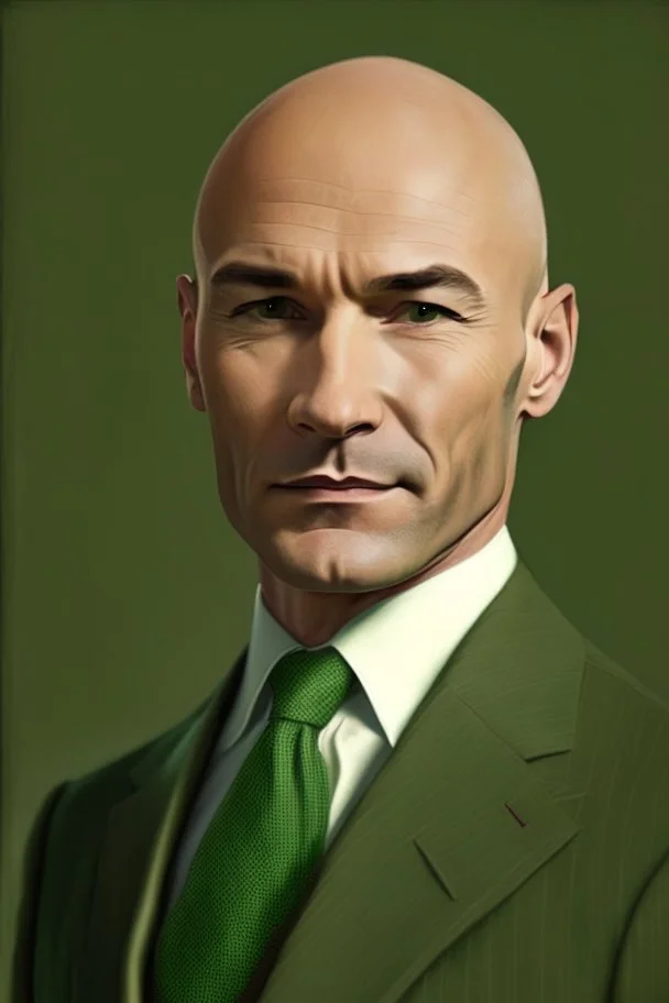 realistic Portrait of a man in his late forties. He wears a brown suit and a green tie and he is bald. he looks like a politcian
