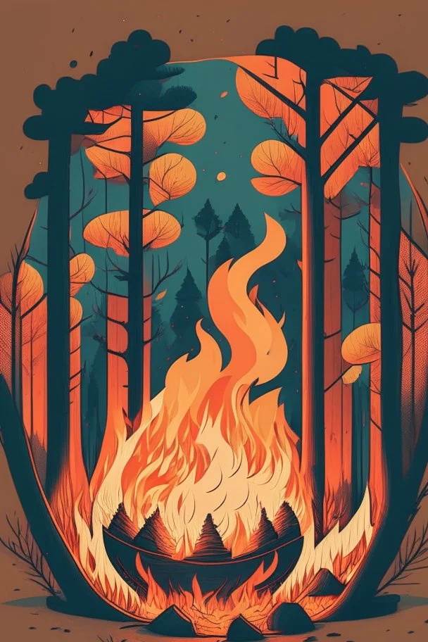 perfect round ball burning in a bonfire inside a forest, 2D flat illustration style, monoline, 3 colors max