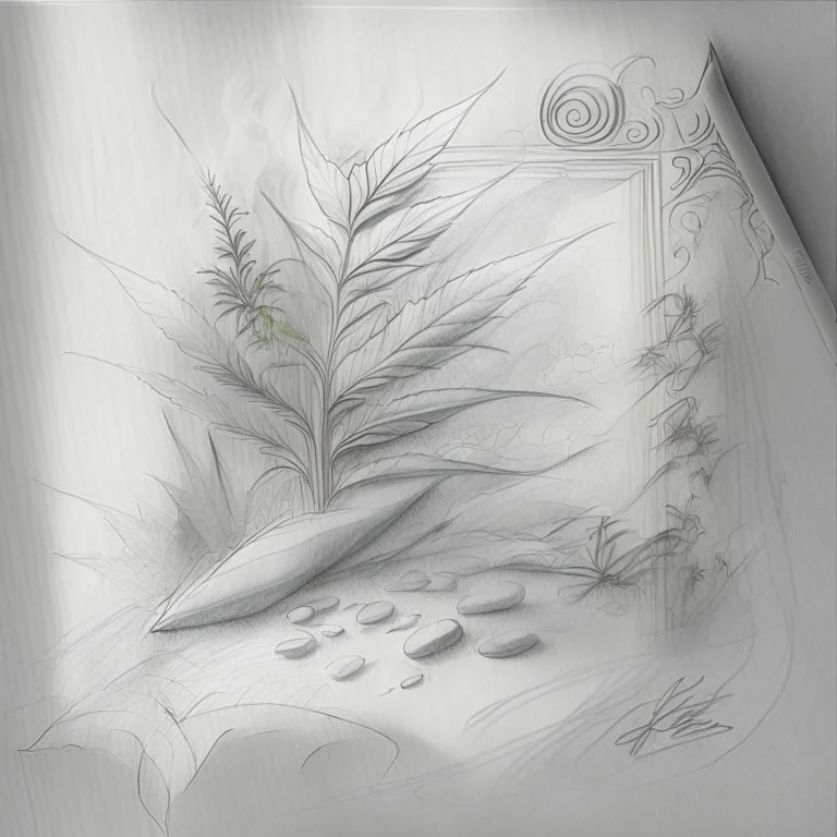 Design an art that potrays pleasure and relaxation derived from indulging in hash and weed, using elements like soft textures, hazy, and gentle curves to evoke a sense of tranquility and bliss. rough pencil sketch without rendering