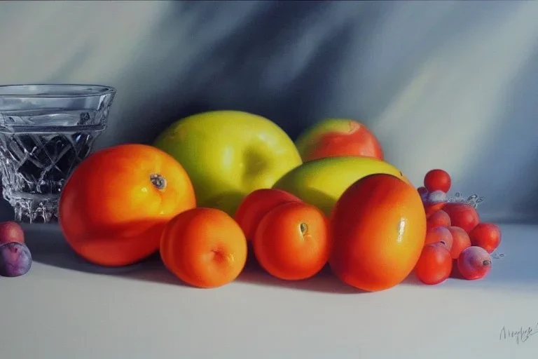 hyperrealistic oil painting, still life, white and oil slick, realistic shaded perfect shapes, extremely fine details, realistic shaded lighting, stormy background, 8k ultra realistic, fruits