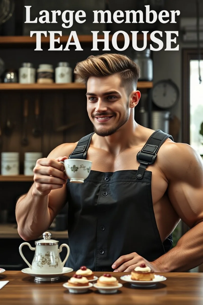 a young mechanic man with huge muscles and his top off enjoying high tea by himshelf with little cakes, with large title( Large member TEA HOUSE)