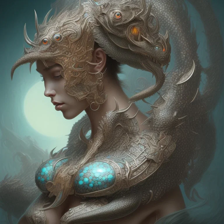 sango fantasy, fantasy magic, intricate, sharp focus, illustration, highly detailed, digital painting, concept art, matte, artgerm and paul lewin and kehinde wiley, masterpiece silver dragon head copper African nice breast Afo woman turquoise waves