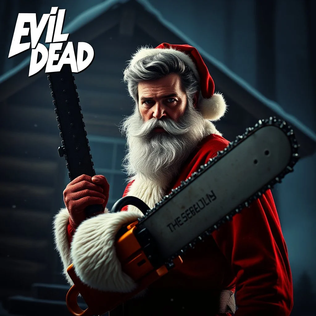 Ash Williams from the Evil Dead series dressed as Santa with a Santa white beard posed dramatically against a dim log cabin in the fog, chainsaw for a hand, CGI, grainy visceral movie poster