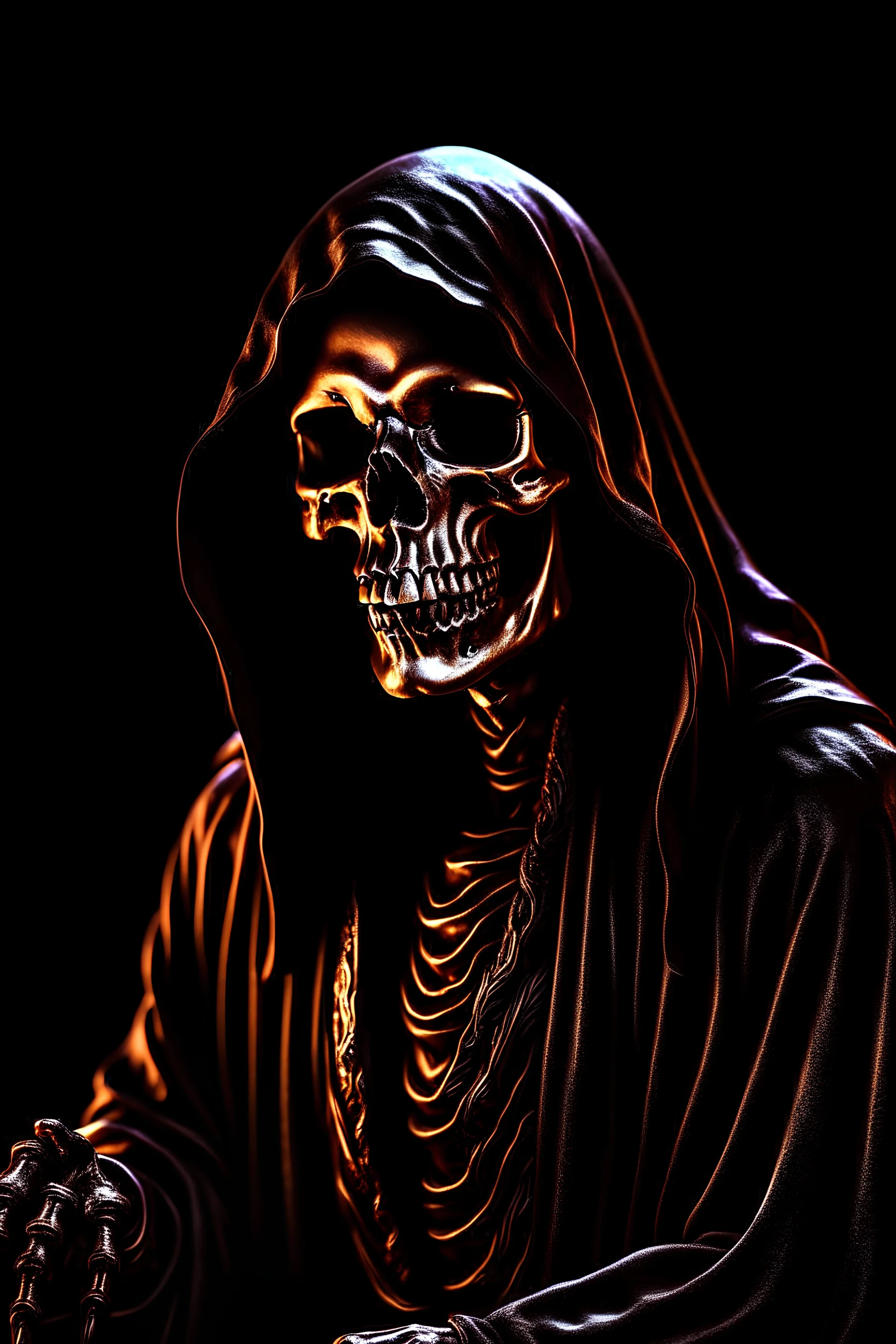 ultra high image quality, Grim Reaper Close-up of an set against AMOLED-worthy pure black backdrop, fantasy art style infused with filter, tailored for vertical wallpaper, exclusive design with no duplicates, radiating beauty suitable for a PC screen image, vivid colors, ultra fine, digital painting.