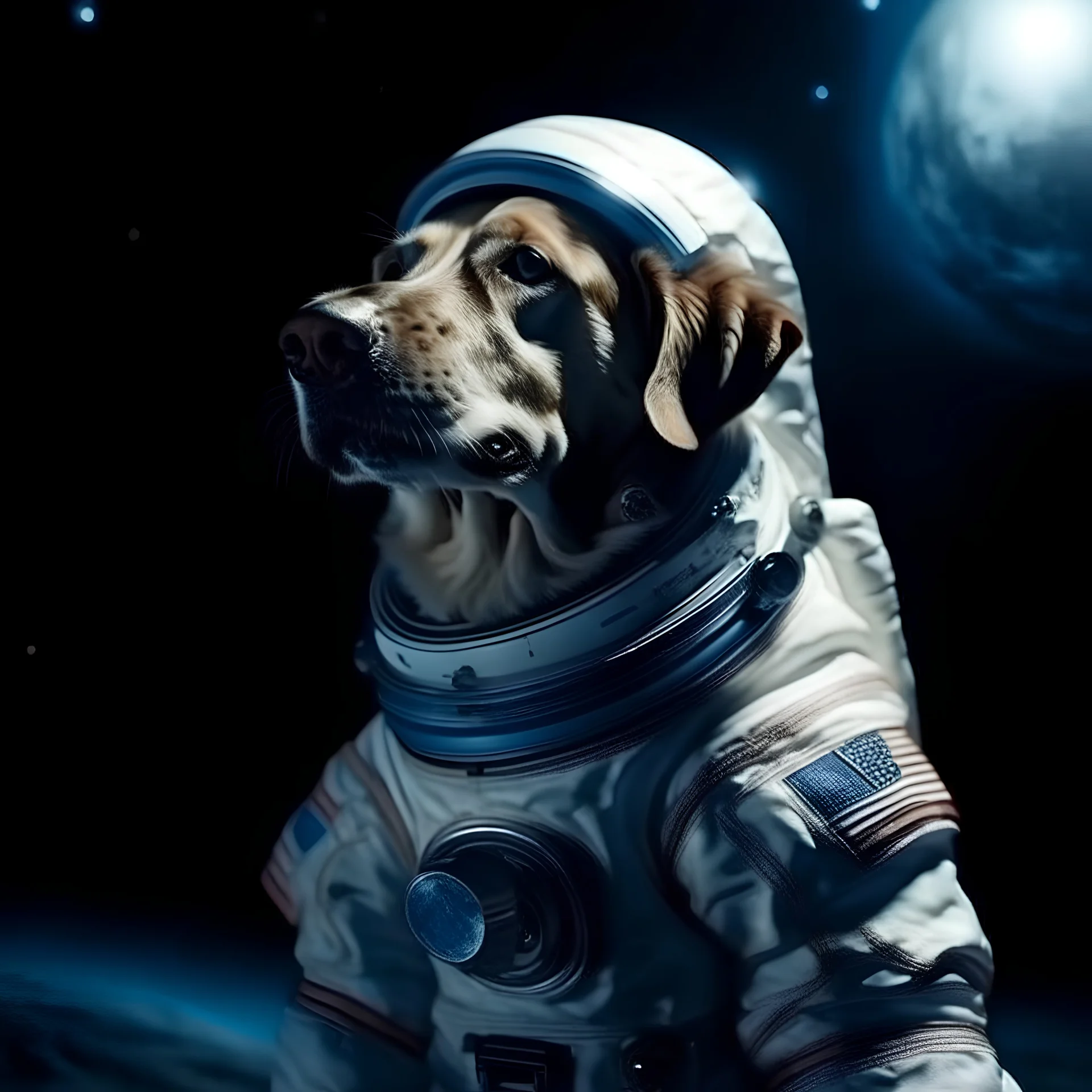 primer plano de un perro salchicha astronauta, con traje gtis,fondo de paisaje la luna contraluz, atmosfera de universo