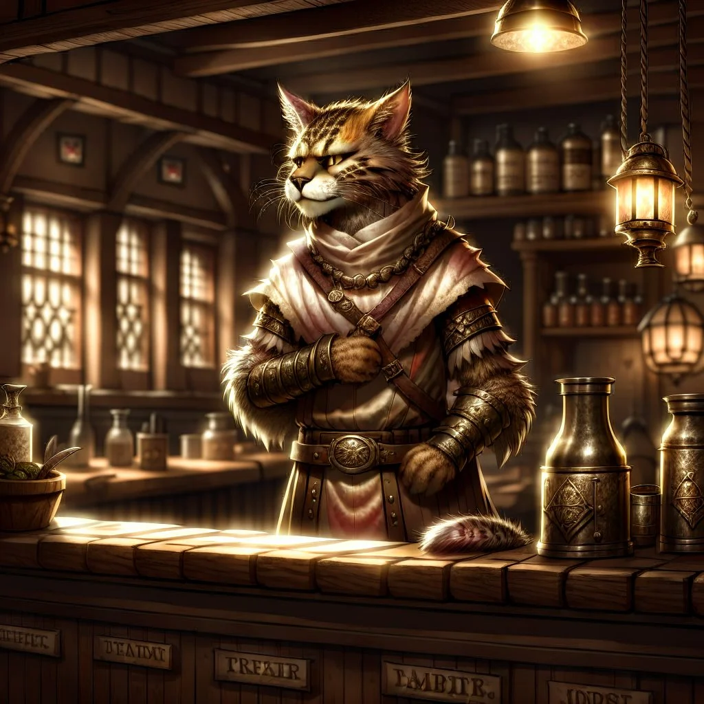 A khajiit dressed in rags with brown spotted fur in a medieval fantasy tavern