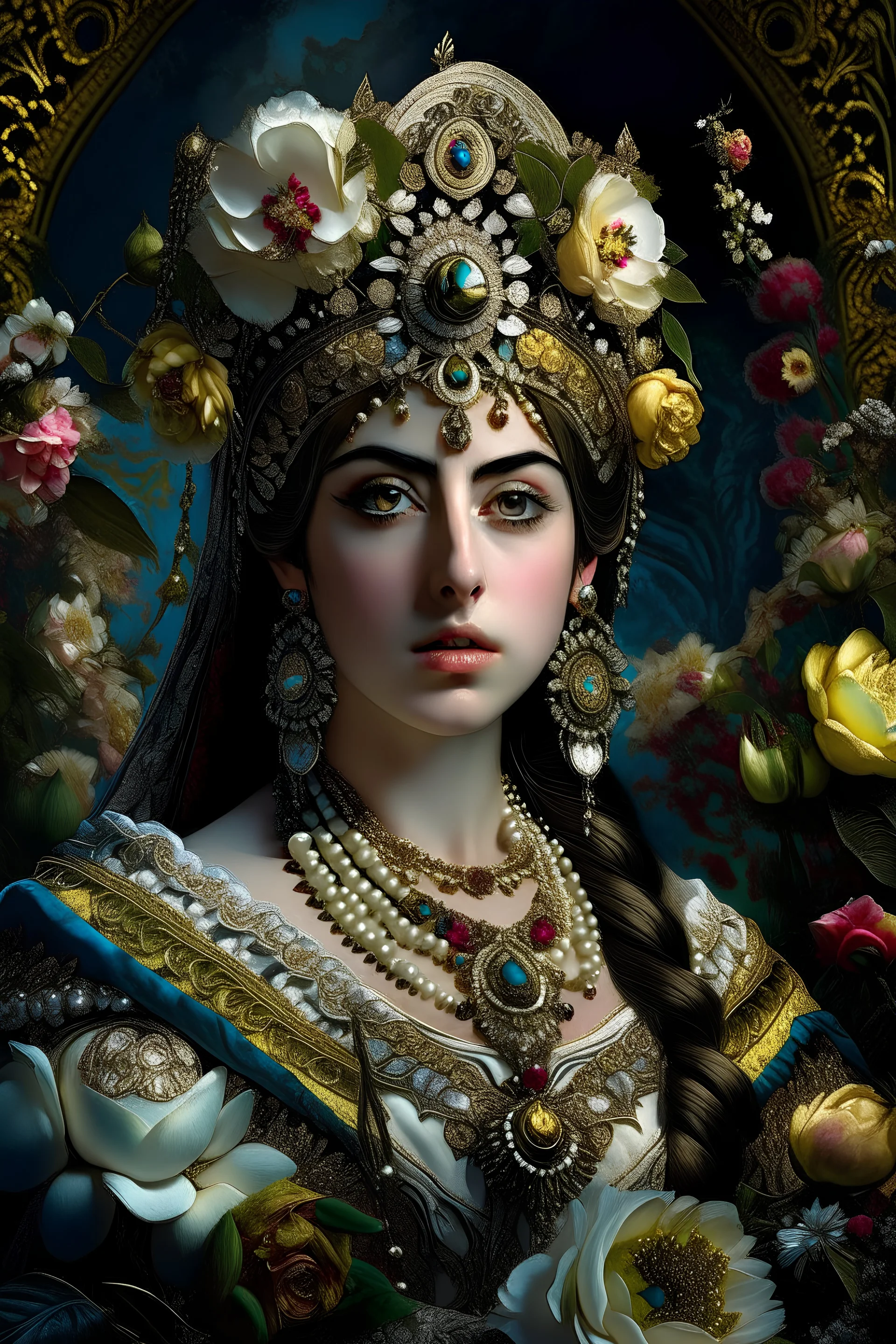 Fhoto half body, angle Raw, Beautiful face Iranian Princess front view portrait, adorned with giant Jasmine, and lily flower ,roses , golden pearls , zafir gemstone headress, wearing floral, lace, pearls, zafirs ornate Iranian costume, organic bio spinal ribbed detail of Iranian style full jasmin and rose and persian garden background by the moonlight extremely detailed hyperrealistic, by addie digi, maximalist portrait art.