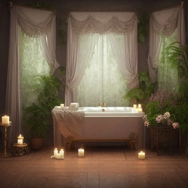 a gorgeous, stunning spa with gauzy curtains, beautiful, ornate bath, dark wood floor, plants, candles, flowers, tranquil, 8k resolution, high-quality, fine-detail, digital art, detailed matte, volumetric lighting, illustration, 3D octane render, brian froud, howard lyon, selina french, annie stokes, lisa parker, greg rutowski,