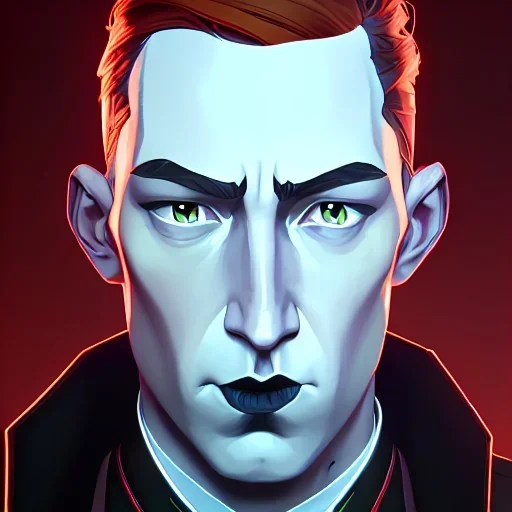 portrait, general hux, wearing a black First Order uniform, serious, imposing figure, thick eyebrows, digital art, red light coming from the left and blue light coming from the right, wearing a black First Order uniform, green eyes