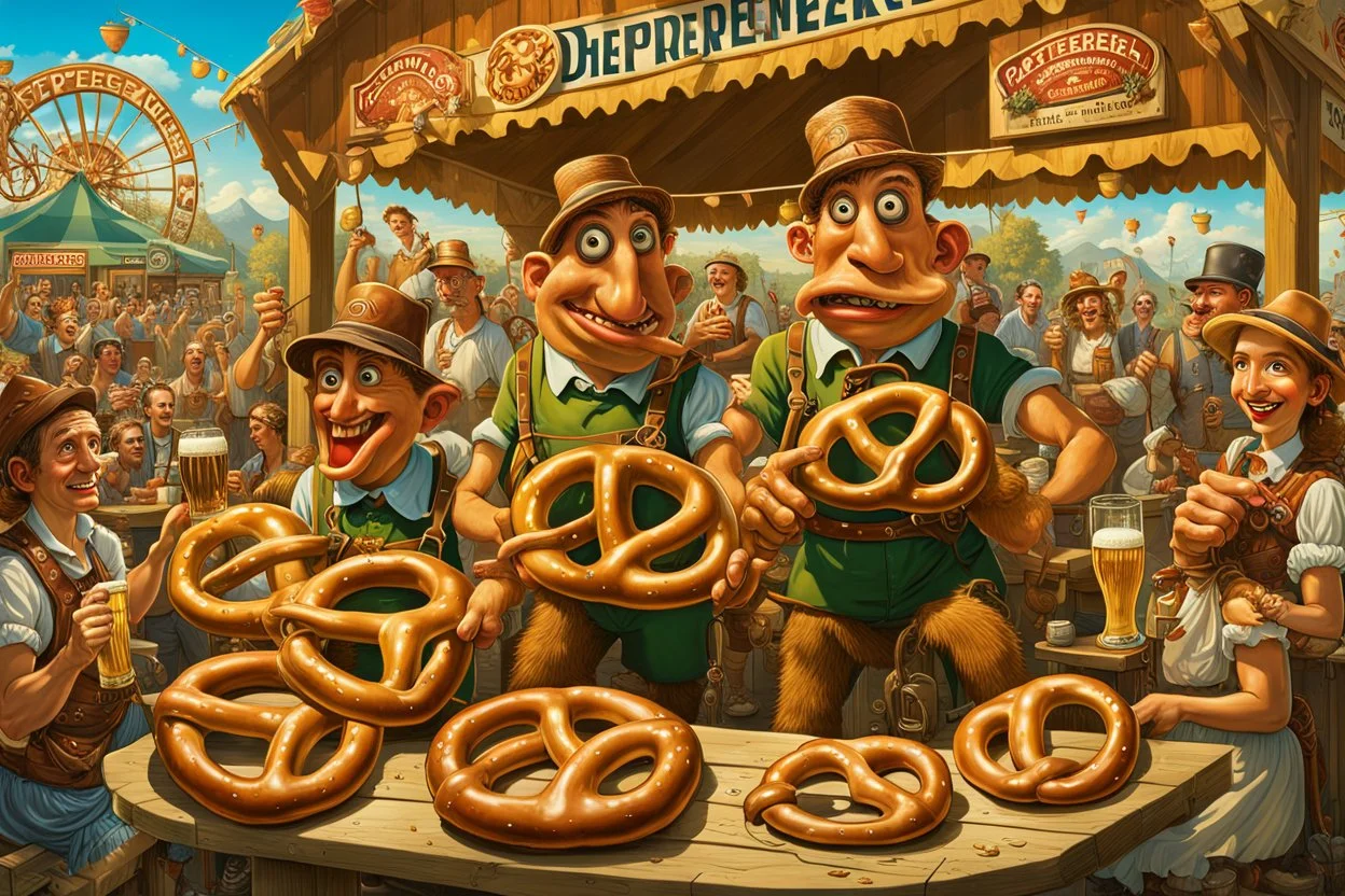 Surreal Pretzel hominids by Tim Burton; whimsical anthropomorphic pretzel characters at outdoor Oktoberfest Beer Garten clad in lederhosen; hyperrealistic, by Jack Yerka, by Gil Elvgren and CGSociety and Dan Mumford and Pixar; electricity and magic lighting.