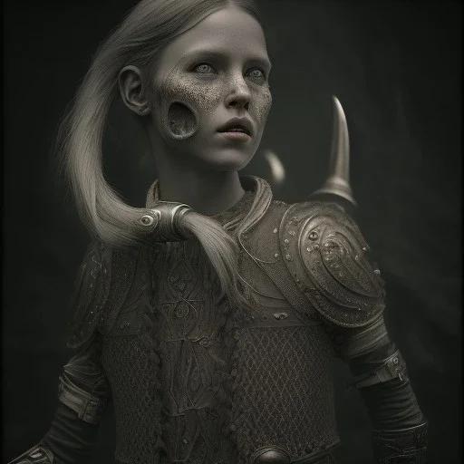 A viking boy and a girl, hr giger, scary, steam punk, realistic, made in octane, cinematic, ultra-realistic, extremely detailed octane rendering, 8K, VRAY Super Real ar 2:3, dof photorealistic futuristic 50mm lens hard lighting dark gray tintype photograph, realistic lighting, sepia color