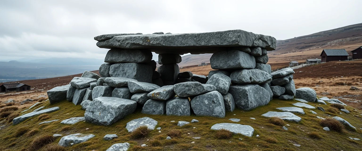 Norse stone altar (horg), outdoor ritual site, rough stacked stones, low profile, no symmetry, weathered granite, moss and lichen, signs of fire and ash, placed on a windswept hill, Scandinavian landscape, natural lighting, realistic materials, ancient and sacred mood.buildings, no people, only raw nature. Sacred, quiet, and timeless atmosphere. Cinematic realism,