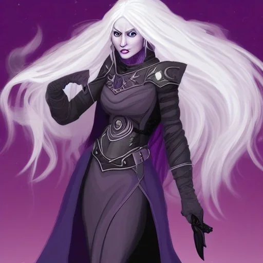 Female Aasimar Warlock dungeons and dragons character, spy, flowing white hair, amber eyes, black-purple eldritch energy