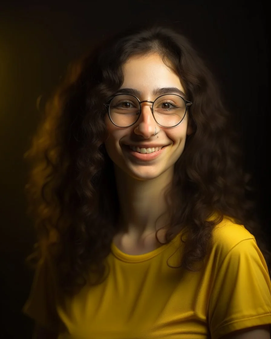 Jeune femme au sourire éclatant, longue et élancée, cheveux noirs, longs, bouclés et volumineux, porte de grandes lunettes rondes à la monture transparente. Nez fin et petit. Elle porte un t-shirt de couleur jaune moutarde avec une chemise florale transparente. Rembrandt style lighting, 8k, portrait, HD.