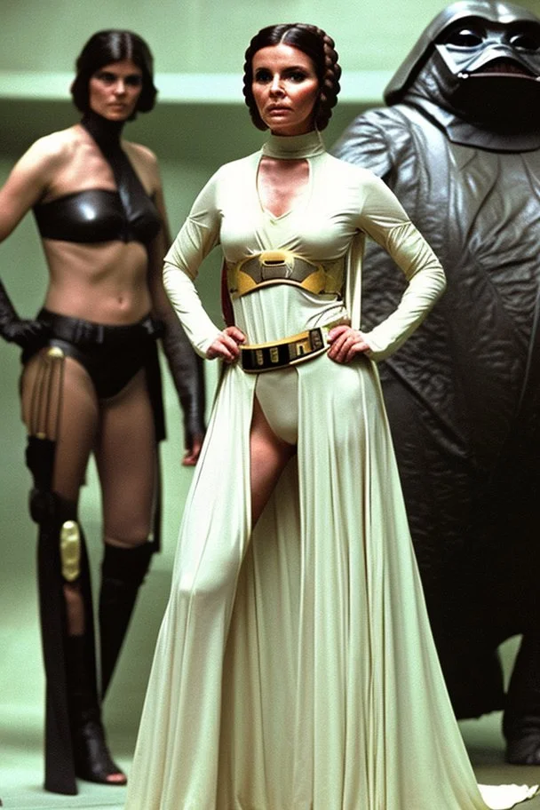 [Jane Badler, V, Diana] Diana, in princess Leia's slave costume of the Return of the Jedi, close to Jabba the Hutt.