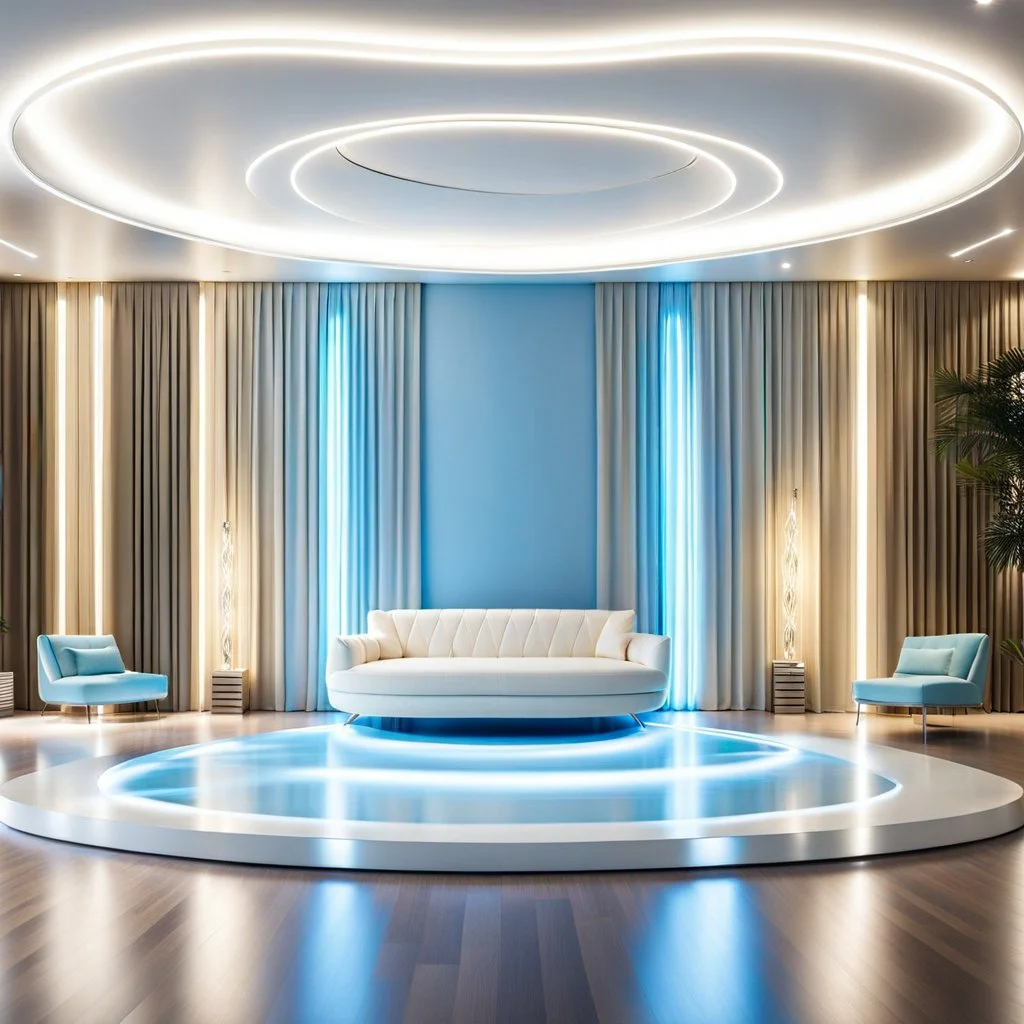 beautiful dance stage in luxury modern hall dynamic lights, modern furniture light blue & cream theme